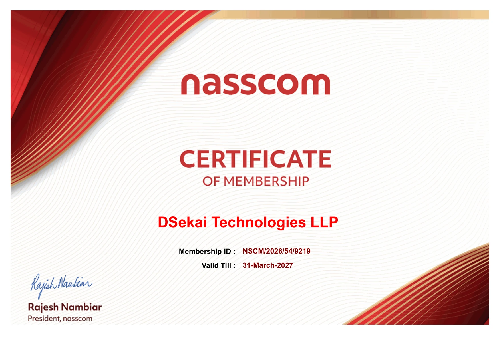 NASSCOM Membership issued by NASSCOM